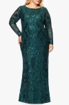 Betsy & Adam Sequin Long Sleeve Mermaid Gown In Emerald