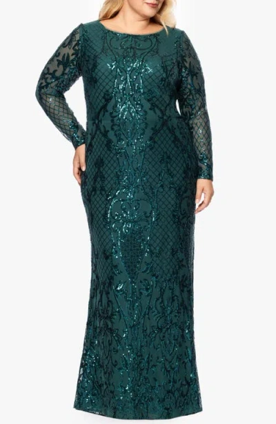 Betsy & Adam Sequin Long Sleeve Mermaid Gown In Emerald