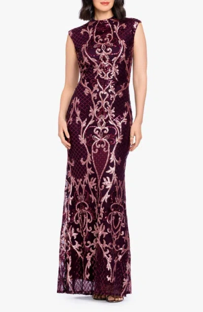Betsy & Adam Sequin Mock Neck Sleeveless Mermaid Gown In Burgundy