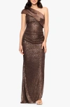 Betsy & Adam Sequin One-shoulder Gown In Brown