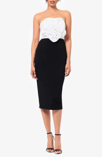 Betsy & Adam Sequin Rosette Bodice Colorblock Sheath Dress In White/black