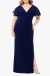 BETSY & ADAM SEQUIN V-NECK FLUTTER SLEEVE GOWN