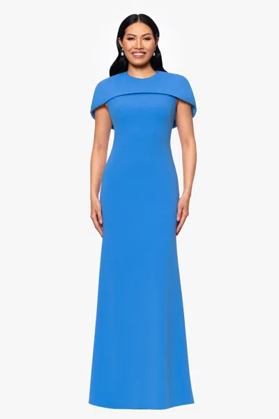 Betsy & Adam "shanice" Scuba Crepe Short Cape Floor Length Dress In Blue
