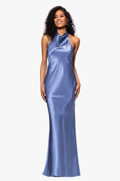 Betsy & Adam "shannon" Halter Necktie Floor Length Dress In Blue