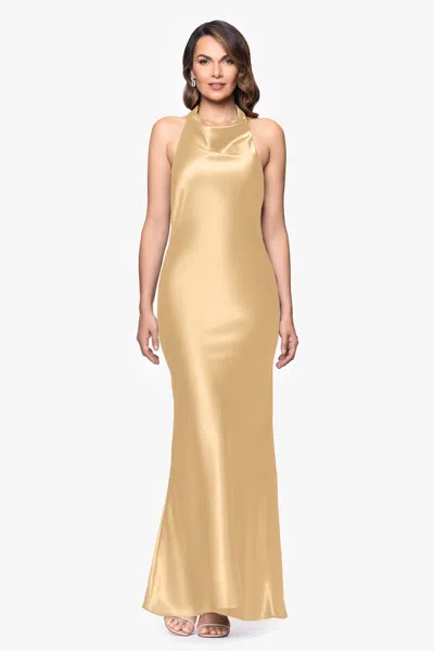 Betsy & Adam "shannon" Halter Necktie Floor Length Dress In Gold