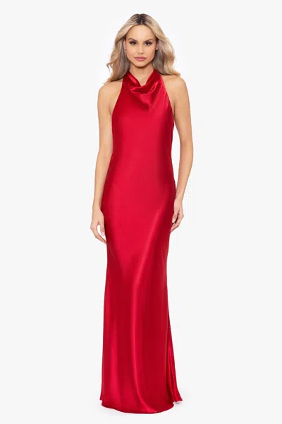Betsy & Adam "shannon" Halter Necktie Floor Length Dress In Red