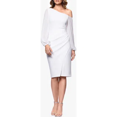 Betsy & Adam Sheer Sleeve One-shoulder Scuba Crepe Cocktail Dress In Ivory