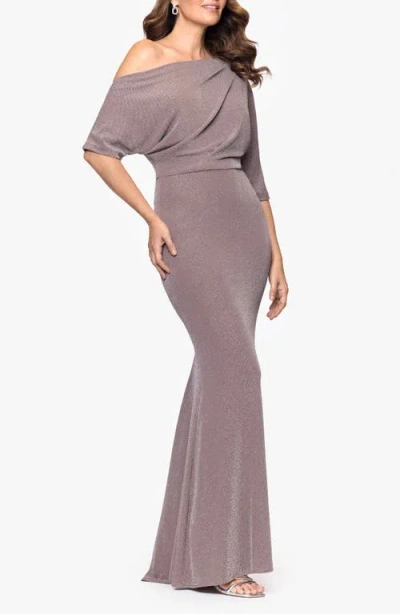 Betsy & Adam Shimmer One-shoulder Gown In Brown