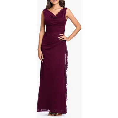 Betsy & Adam Side Ruffle Cowl Neck Sleeveless Gown In Burgundy