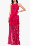 Betsy & Adam Metallic Stripe Floral Ruffle Chiffon Gown In Fuchsia/ Poppy