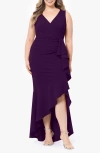 Betsy & Adam Sleeveless High-low Ruffle Gown In Mulberry