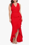 BETSY & ADAM SLEEVELESS HIGH-LOW RUFFLE GOWN