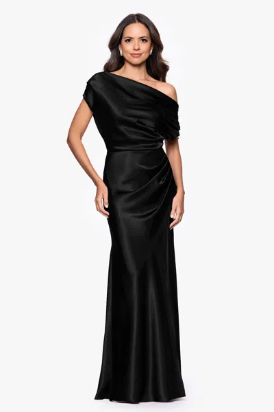Betsy & Adam "sofia" Satin Drop Shoulder Floor Length Dress In Black