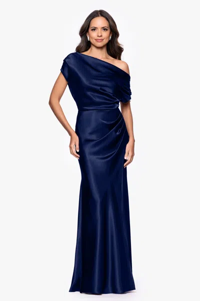 Betsy & Adam "sofia" Satin Drop Shoulder Floor Length Dress In Blue