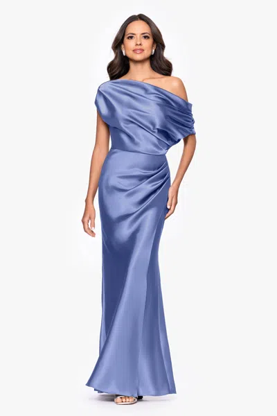 Betsy & Adam "sofia" Satin Drop Shoulder Floor Length Dress In Blue