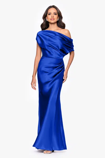 Betsy & Adam "sofia" Satin Drop Shoulder Floor Length Dress In Blue