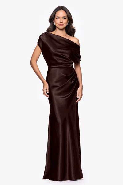 Betsy & Adam "sofia" Satin Drop Shoulder Floor Length Dress In Brown