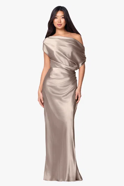 Betsy & Adam "sofia" Satin Drop Shoulder Floor Length Dress In Brown