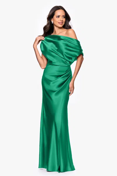 Betsy & Adam "sofia" Satin Drop Shoulder Floor Length Dress In Green