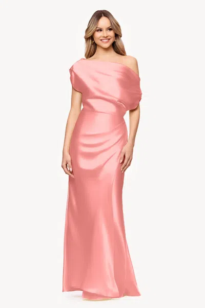 Betsy & Adam "sofia" Satin Drop Shoulder Floor Length Dress In Orange