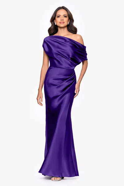 Betsy & Adam "sofia" Satin Drop Shoulder Floor Length Dress In Purple