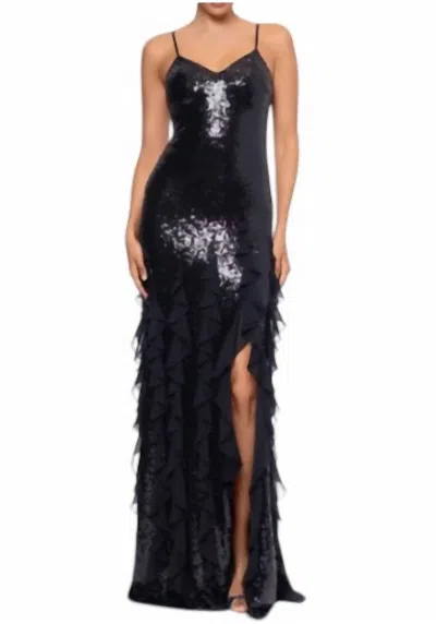 Betsy & Adam Sophisticated Sequin & Ruffle Gown In Black