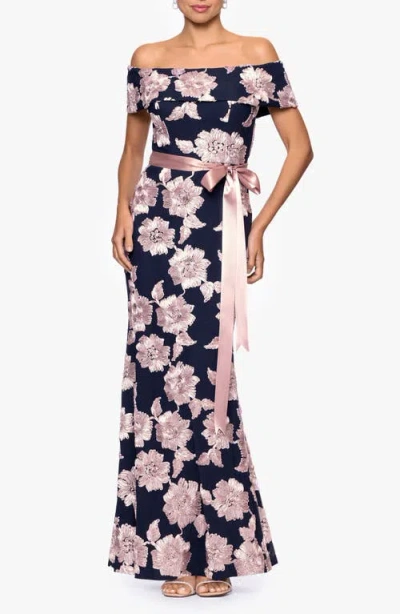 Betsy & Adam Soutache Floral Off The Shoulder Gown In Multi
