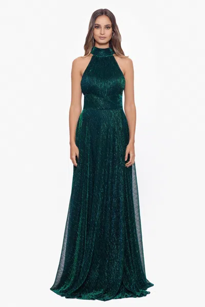 Betsy & Adam "stella" Long Crinkle Halter Wrap Skirt Dress In Blue