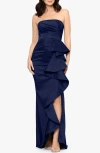 Betsy & Adam Strapless Cascade Ruffle Gown In Blue