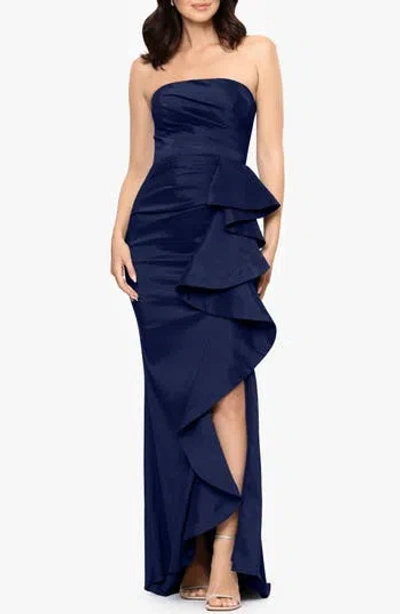 Betsy & Adam Strapless Cascade Ruffle Gown In Blue