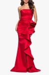 Betsy & Adam Strapless Cascade Ruffle Gown In Red