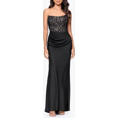 Betsy & Adam Strapless Lace & Satin Gown In Black/nude