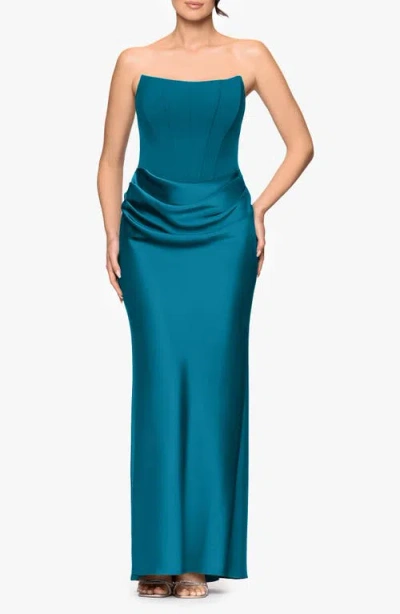 Betsy & Adam Strapless Mixed Media Gown In Blue