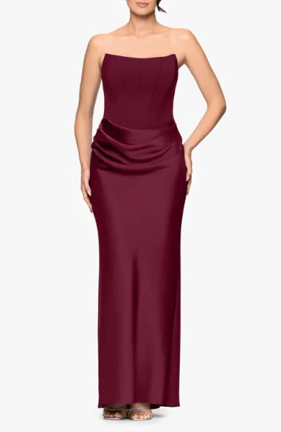 Betsy & Adam Strapless Mixed Media Gown In Purple