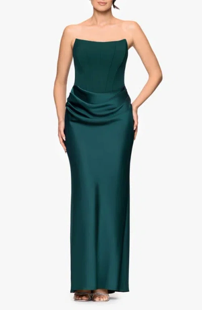 BETSY & ADAM BETSY & ADAM STRAPLESS MIXED MEDIIA GOWN