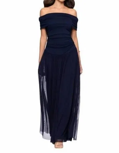 Betsy & Adam Strapless Ruched Bodice Mesh Overlay Floor Length Dress In Navy In Black