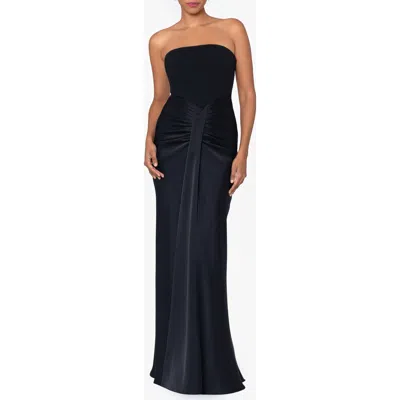 Betsy & Adam Petite Strapless Drape-front Satin Gown In Black