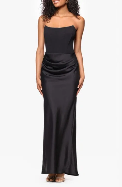 Betsy & Adam Strapless Scuba & Charmeuse Gown In Black