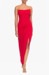 Betsy & Adam Strapless Scuba Crepe Gown. In Red