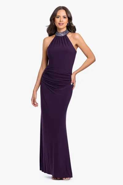 Betsy & Adam Beaded Mock Neck Column Gown In Purple