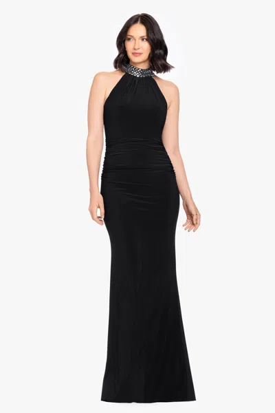 Betsy & Adam Beaded Mock Neck Column Gown In Black