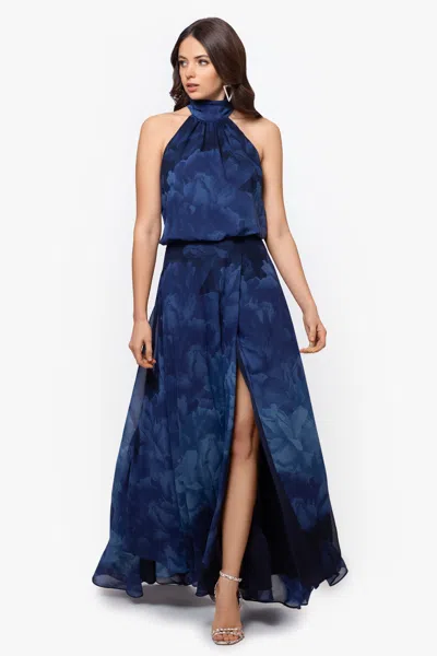 Betsy & Adam "tami" Chiffon Print High Halter Neck Gown In Blue