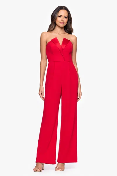 Betsy & Adam "tasha" Long Strapless Tuxedo Jumpsuit In Red