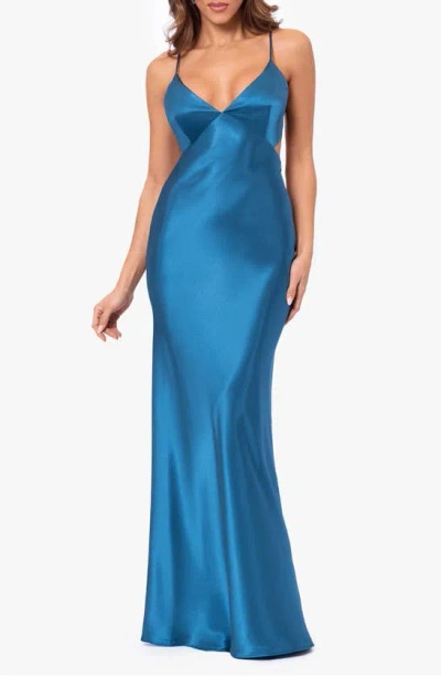 Betsy & Adam Tie Back Satin Trumpet Gown In Social Mallard