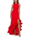 Betsy & Adam Petite Ruffled High-low Sleeveless Gown In Red