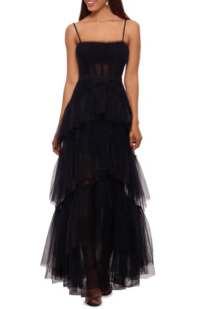 Betsy & Adam Tiered Ruffletulle Corset Gown In Black