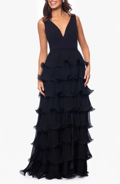 Betsy & Adam Tiered Wire Ruffle Gown In Black