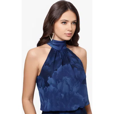Betsy & Adam Tonal Floral Print Chiffon Gown In Navy/blue