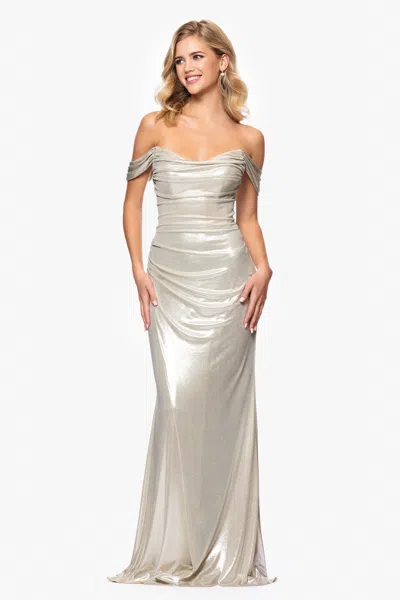 Betsy & Adam "tori" Glitter Knit Off The Shoulder Floor Length Dress In Silver