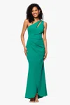 Betsy & Adam "true" Long One Shoulder Side Ruche Dress In Green